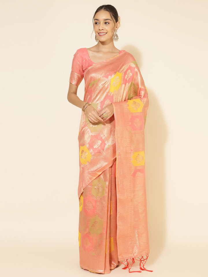 Peach Chanderi Silk Ethnic Motif Woven Designed Saree