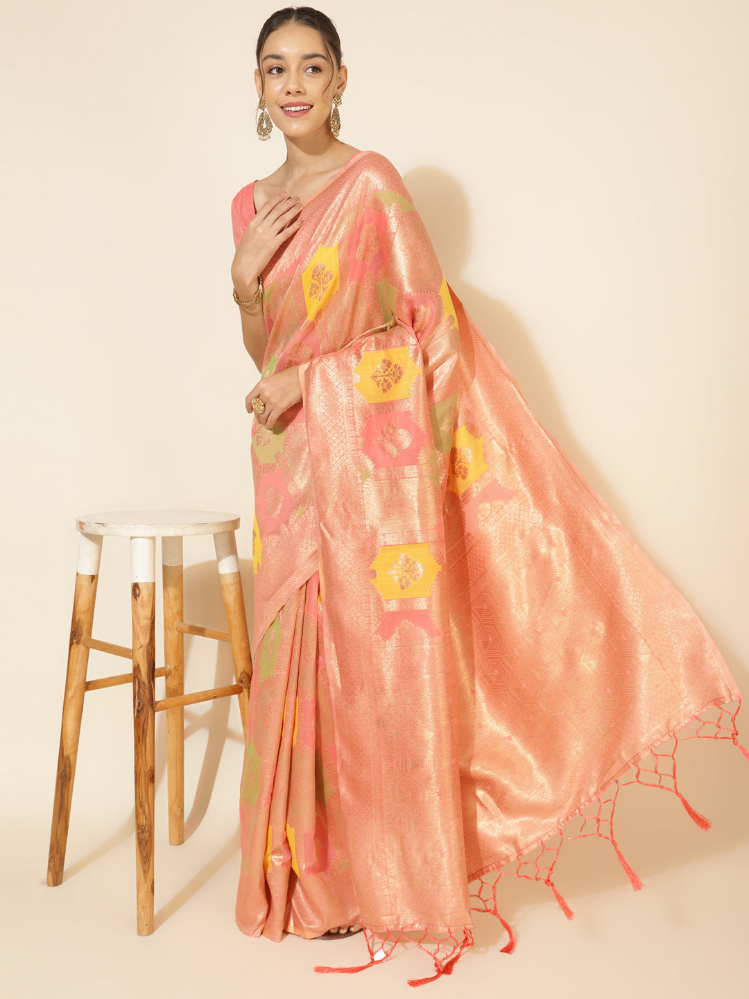 Peach Chanderi Silk Ethnic Motif Woven Designed Saree