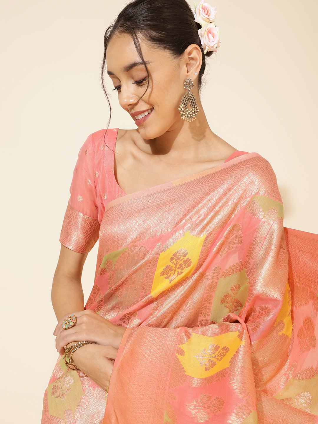 Peach Chanderi Silk Ethnic Motif Woven Designed Saree