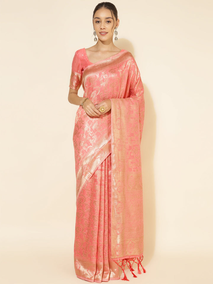 Peach Chanderi Silk Floral Motif Woven Festive Saree