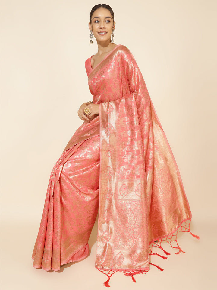 Peach Chanderi Silk Floral Motif Woven Festive Saree