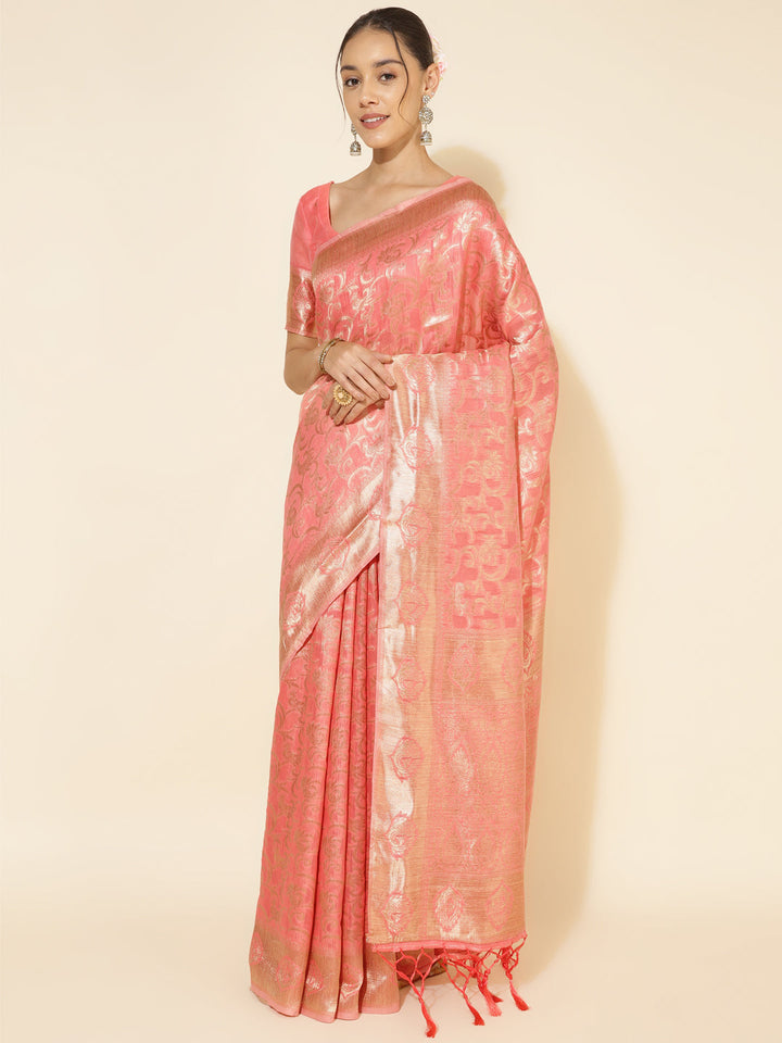 Peach Chanderi Silk Floral Motif Woven Festive Saree