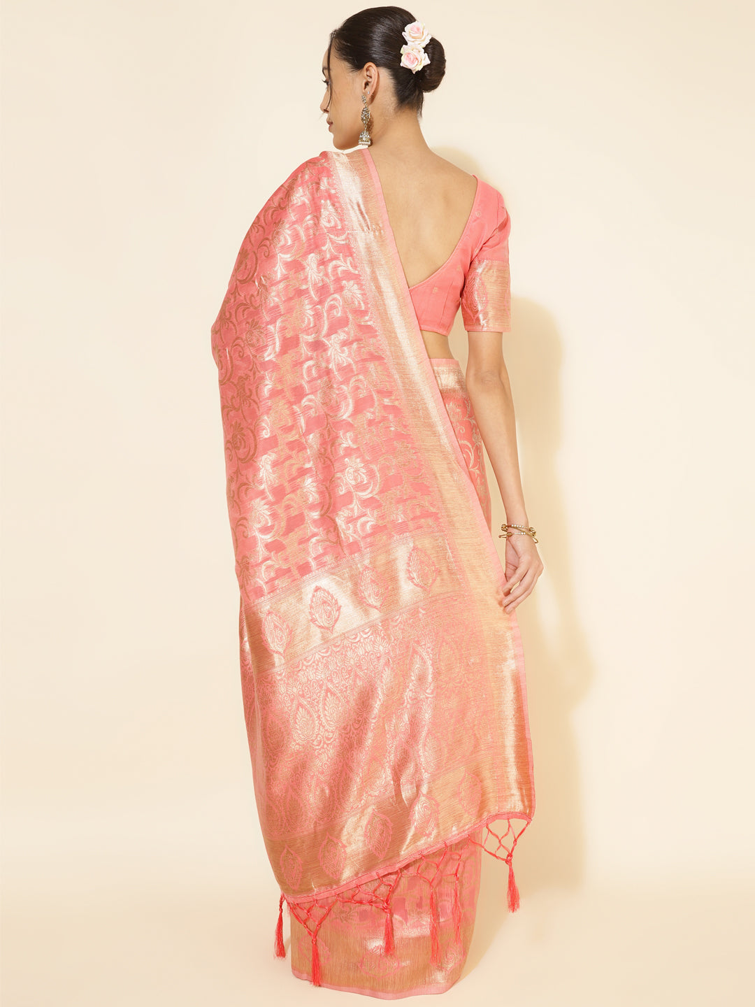 Peach Chanderi Silk Floral Motif Woven Festive Saree