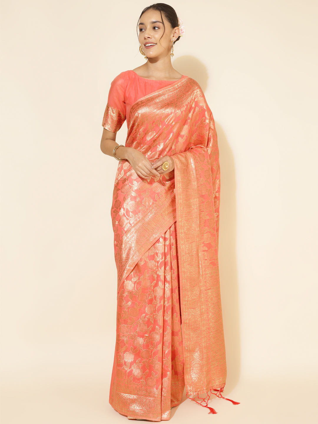 Peach Chanderi Silk Floral Woven Designed Festive Saree