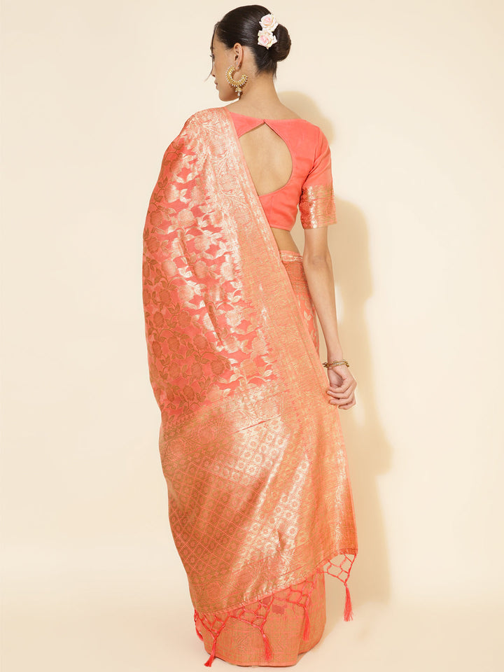 Peach Chanderi Silk Floral Woven Designed Festive Saree