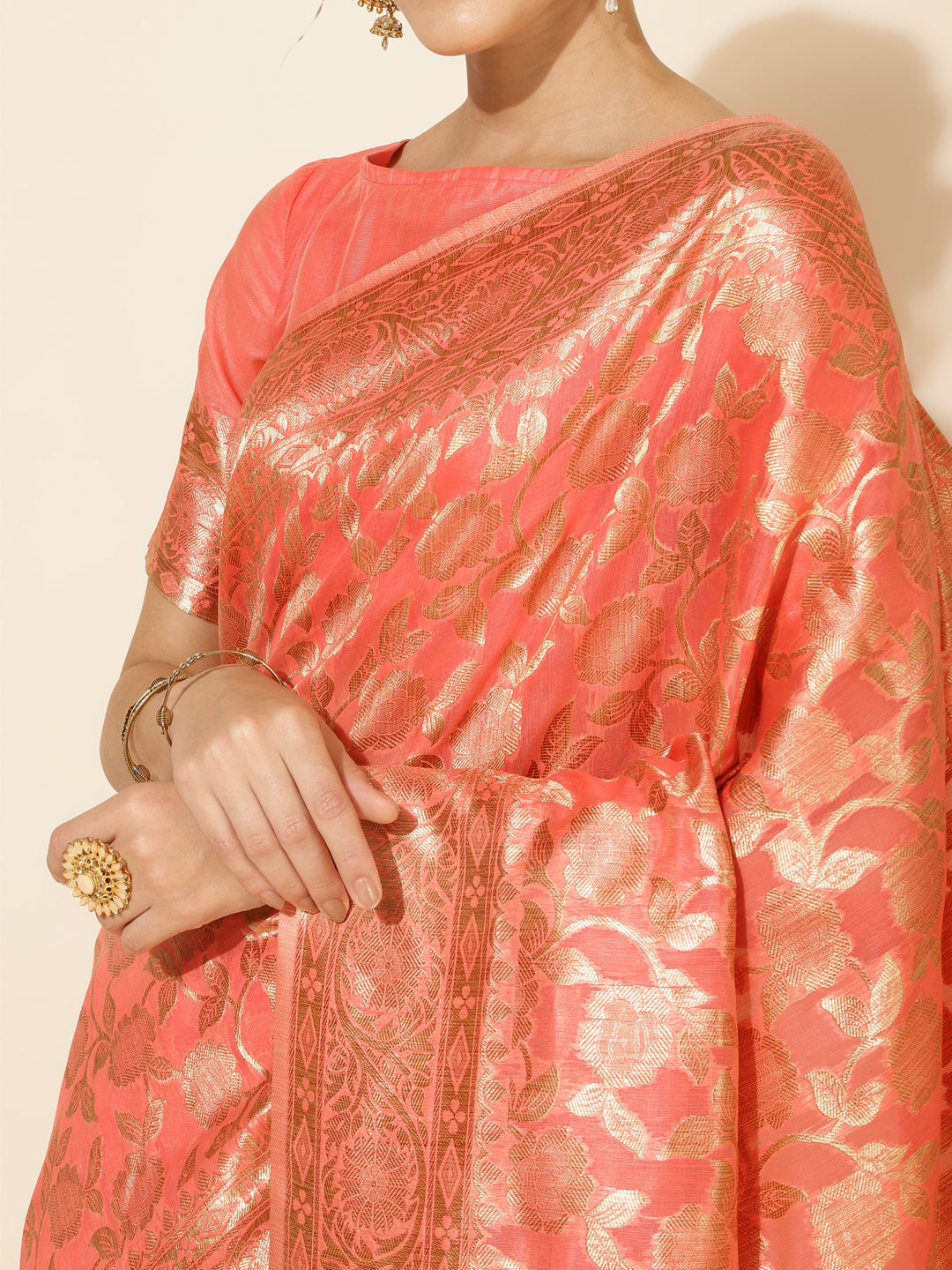 Peach Chanderi Silk Floral Woven Designed Festive Saree