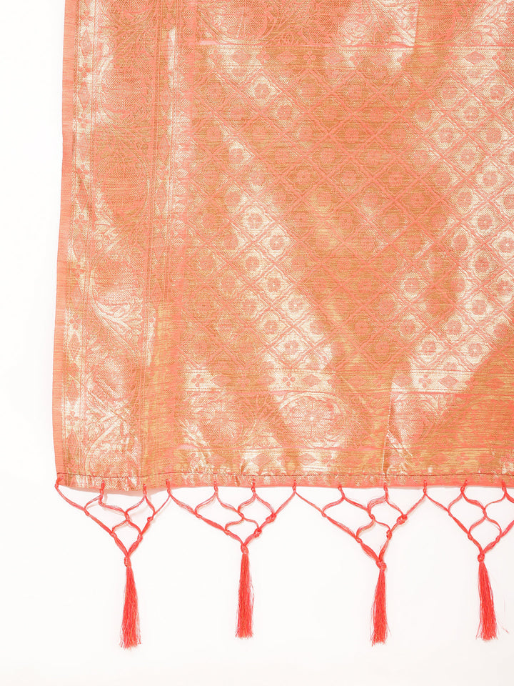 Peach Chanderi Silk Floral Woven Designed Festive Saree
