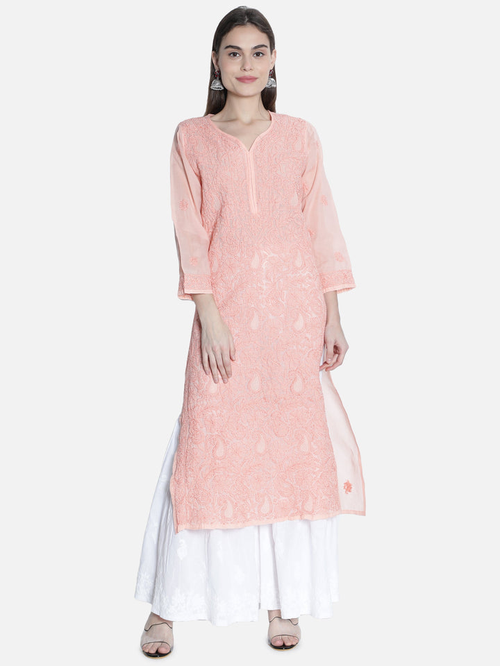 Peach Chikan Kurta in Peach Color Threadwork