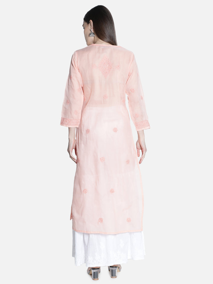 Peach Chikan Kurta in Peach Color Threadwork