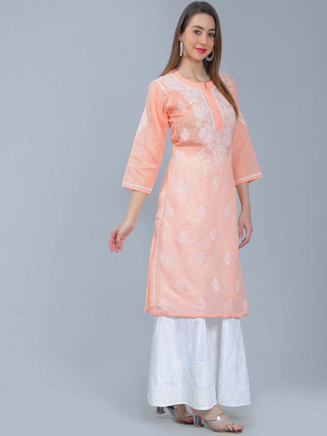 Peach-Cotton-Chikankari-Straight-Kurta