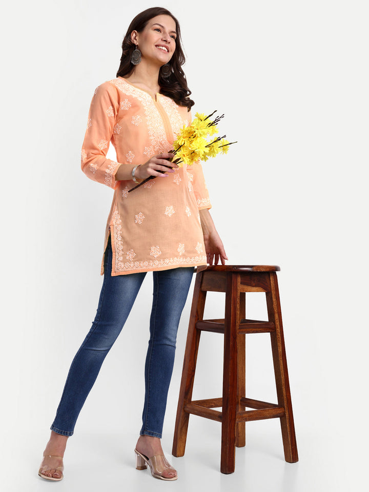 Peach Cotton Chikankari Tunic Kurti