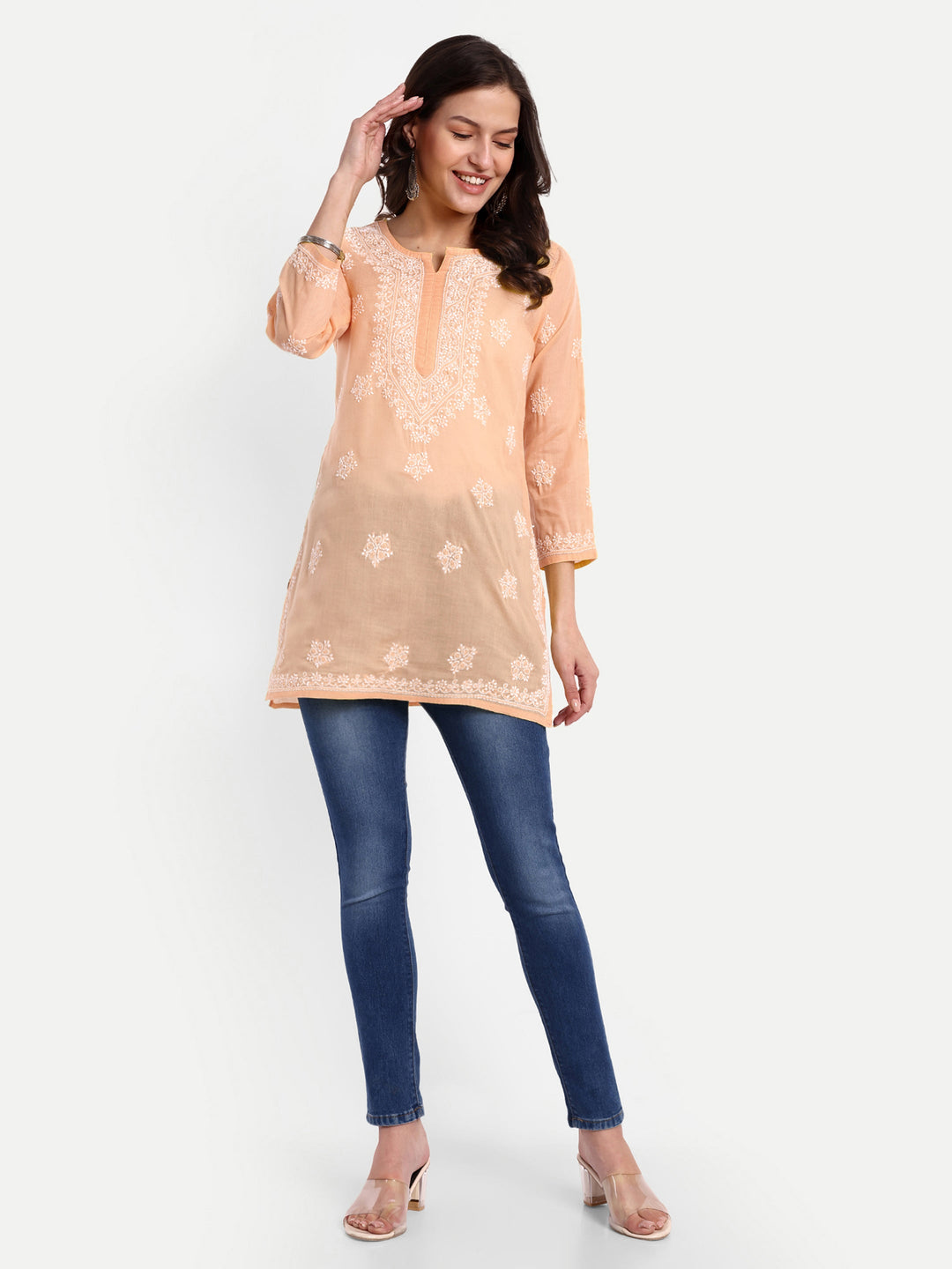 Peach Cotton Chikankari Tunic Kurti