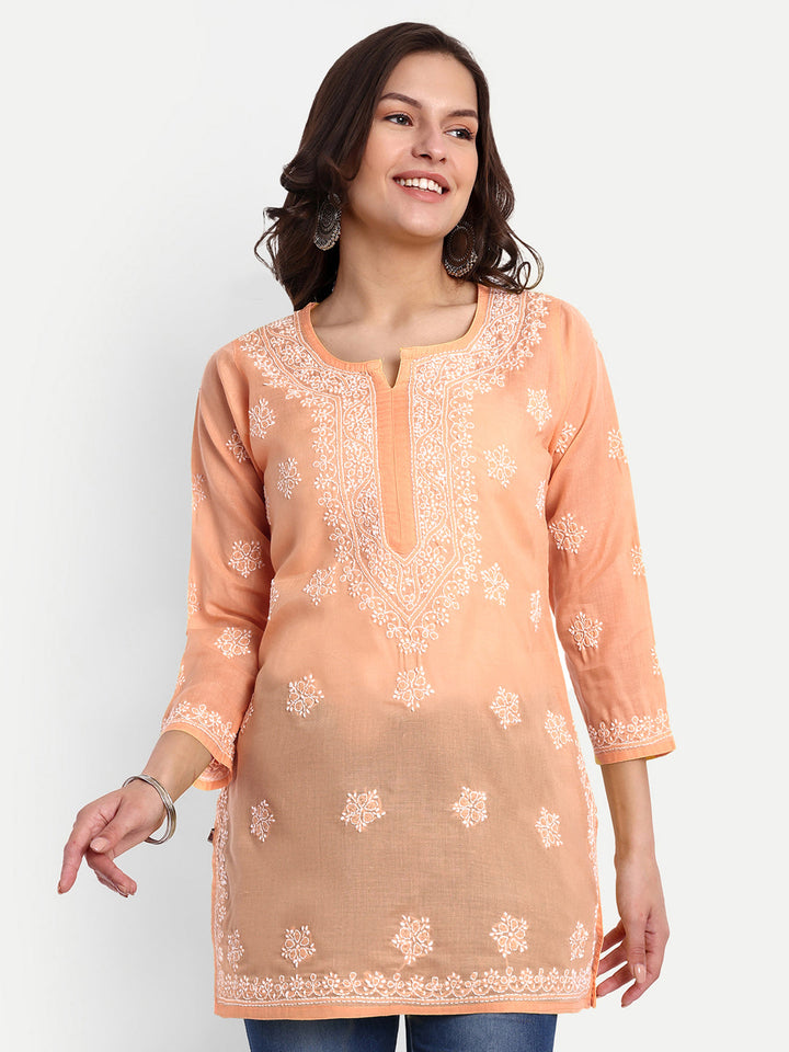 Peach Cotton Chikankari Tunic Kurti