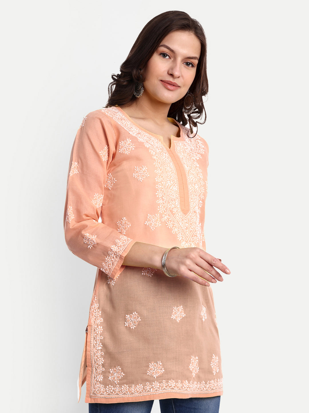 Peach Cotton Chikankari Tunic Kurti