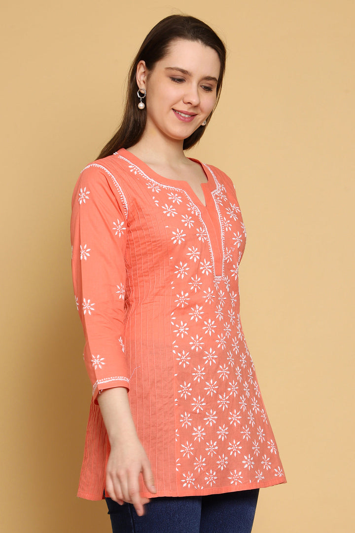 Peach Cotton Floral Embroidered Chikankari Side-Pleat Tunic Top