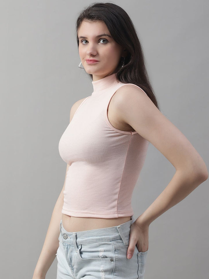 Peach Cotton Turtle-Neck Sleeveless Crop Top