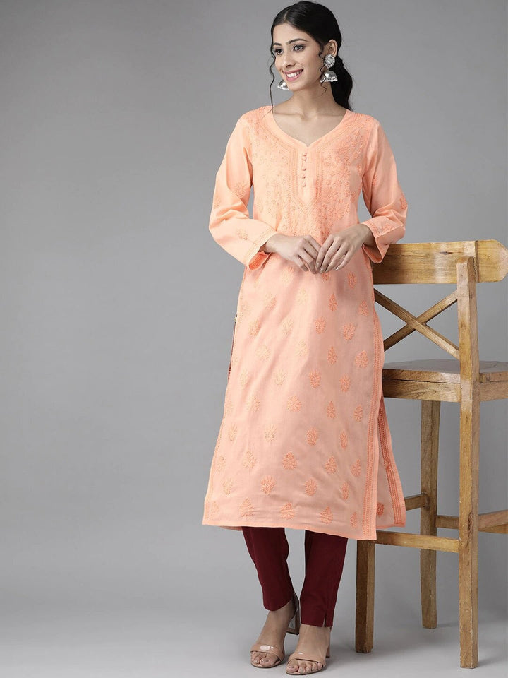 Peach Cotton Woven Chikankari Straight Kurti