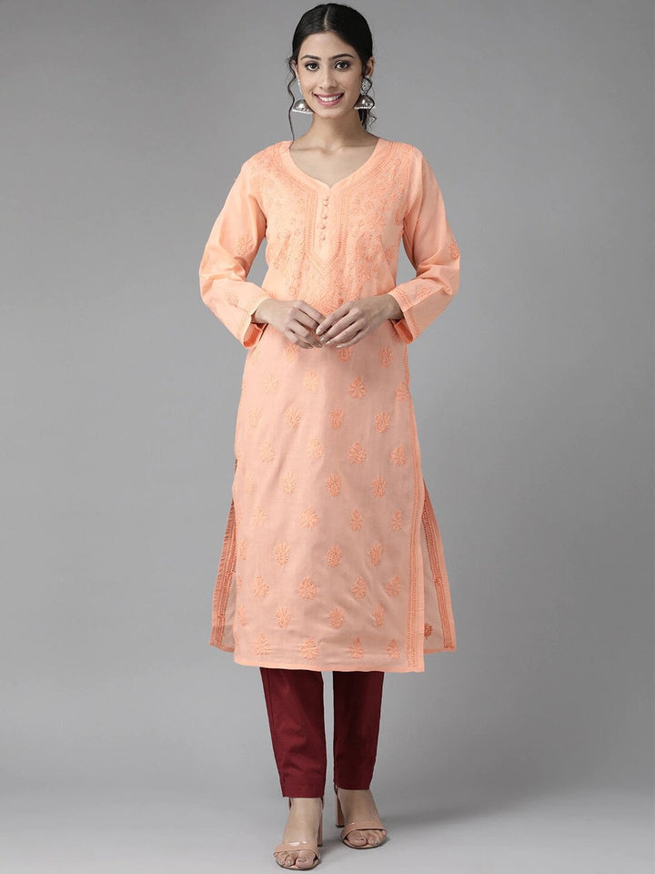 Peach Cotton Woven Chikankari Straight Kurti
