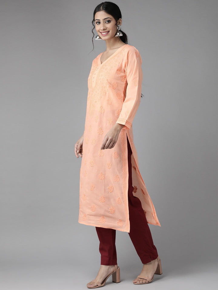 Peach Cotton Woven Chikankari Straight Kurti