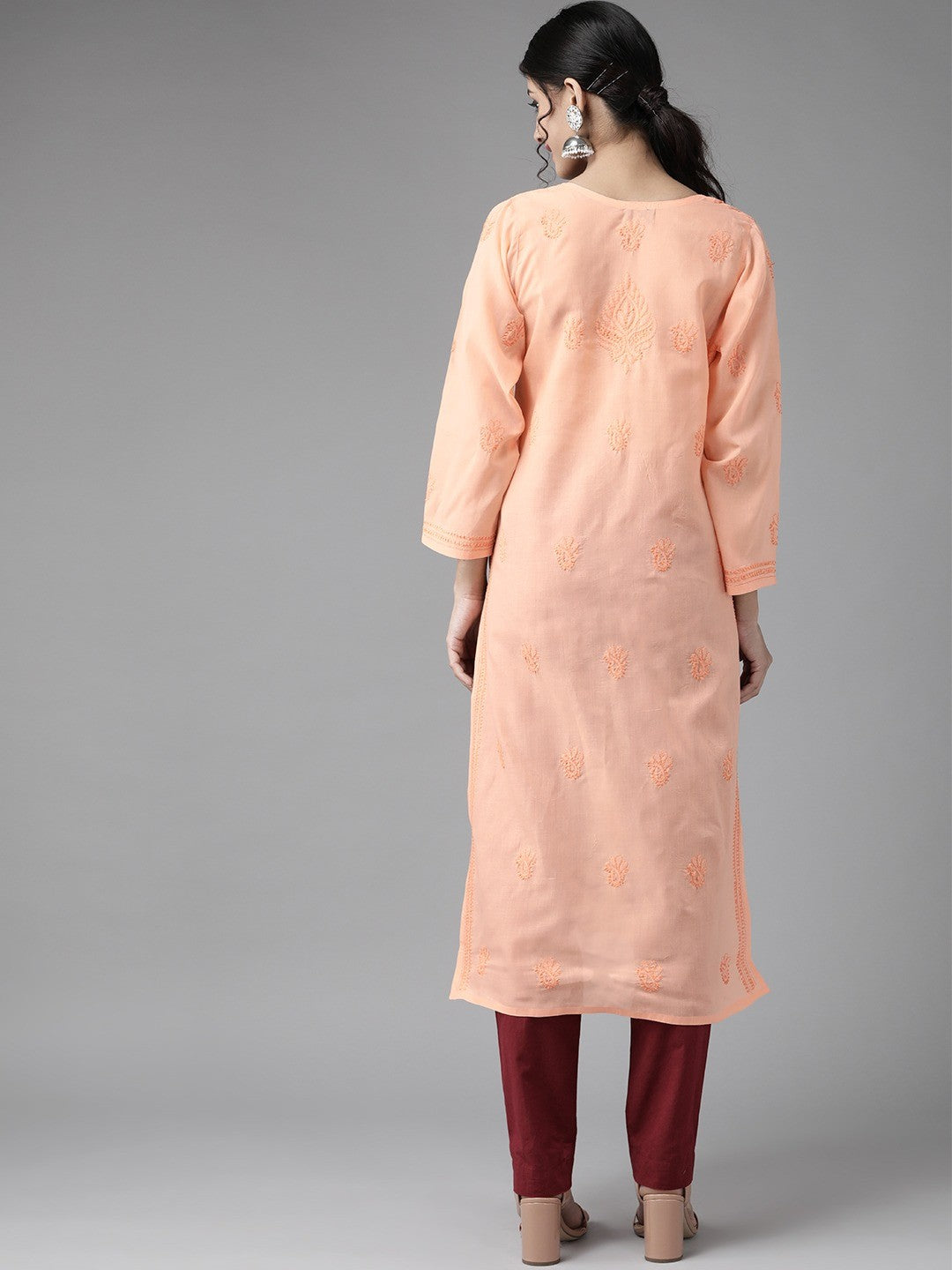 Peach Cotton Woven Chikankari Straight Kurti