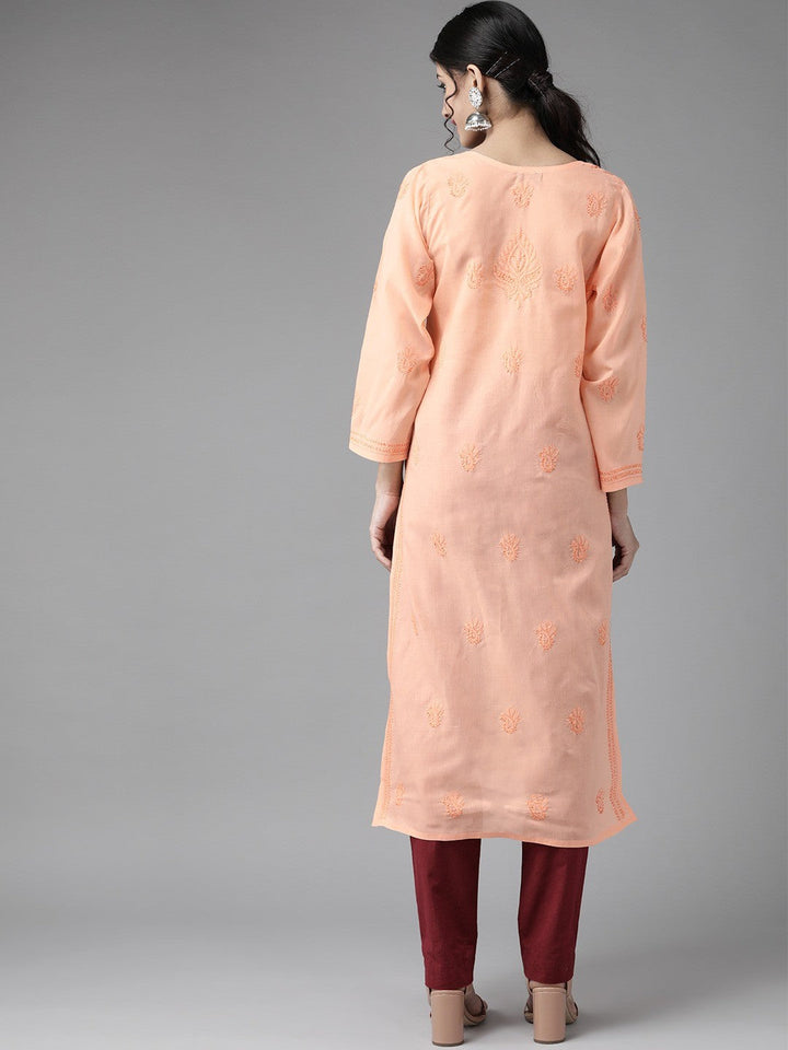 Peach Cotton Woven Chikankari Straight Kurti
