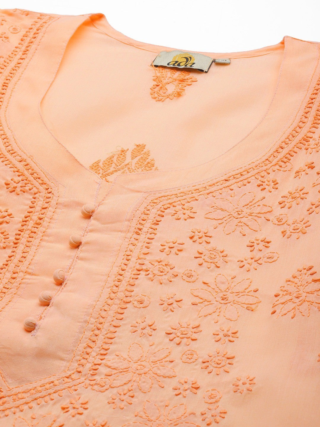 Peach Cotton Woven Chikankari Straight Kurti