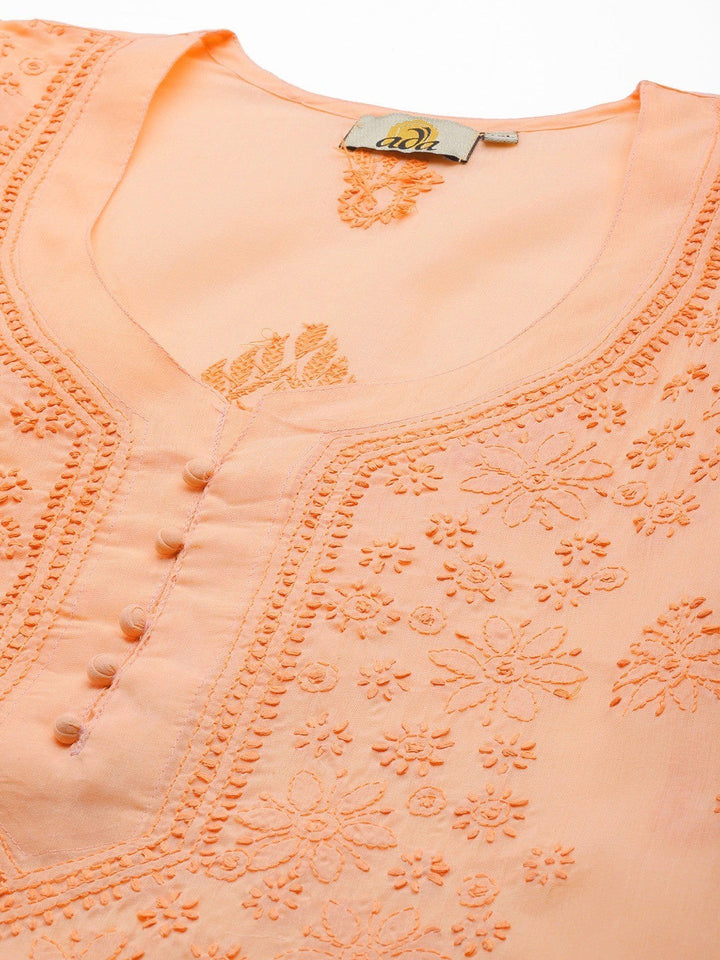 Peach Cotton Woven Chikankari Straight Kurti