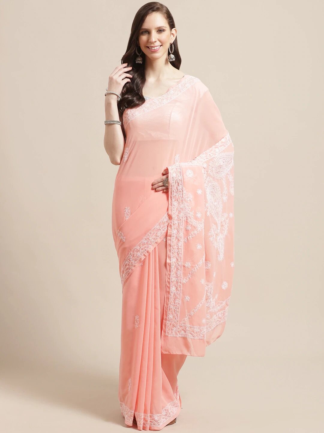 Peach-Embroidered-Chikan-Saree-With-Blouse