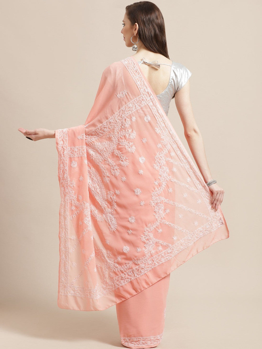 Peach-Embroidered-Chikan-Saree-With-Blouse