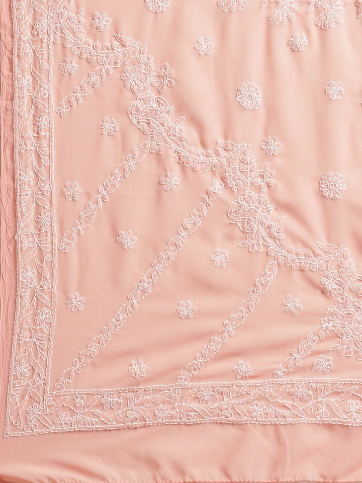 Peach-Embroidered-Chikan-Saree-With-Blouse