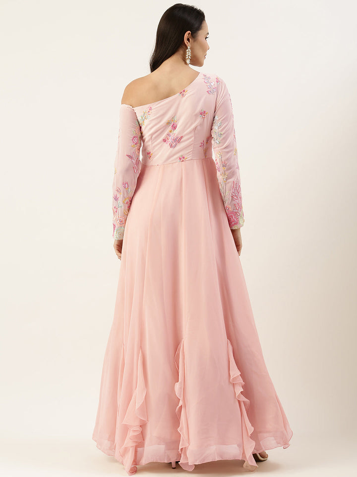 Peach-Embroidered-One-Shoulder-Ruffle-Gown