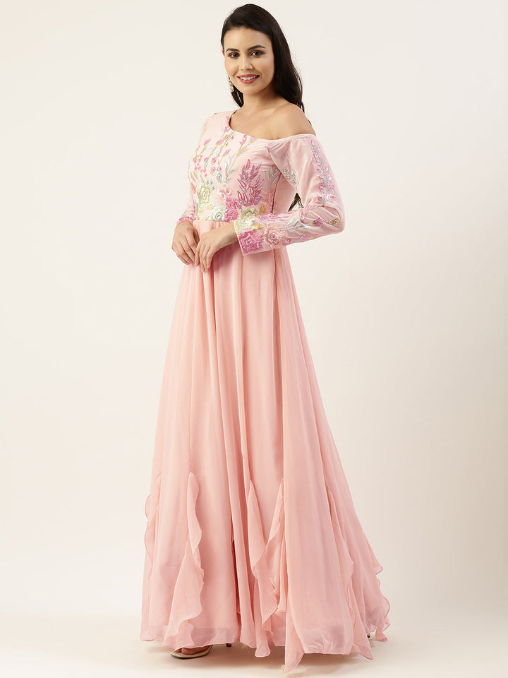 Peach-Embroidered-One-Shoulder-Ruffle-Gown