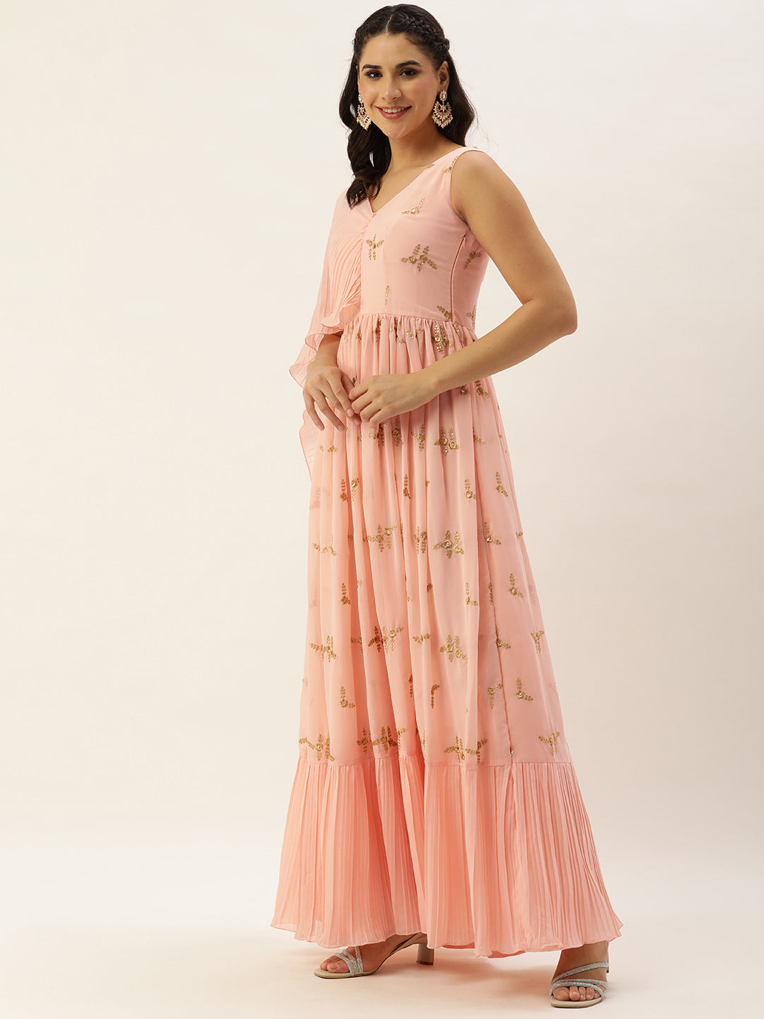 Peach Embroidered Pleated Georgette Gown