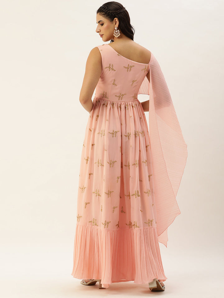 Peach Embroidered Pleated Georgette Gown