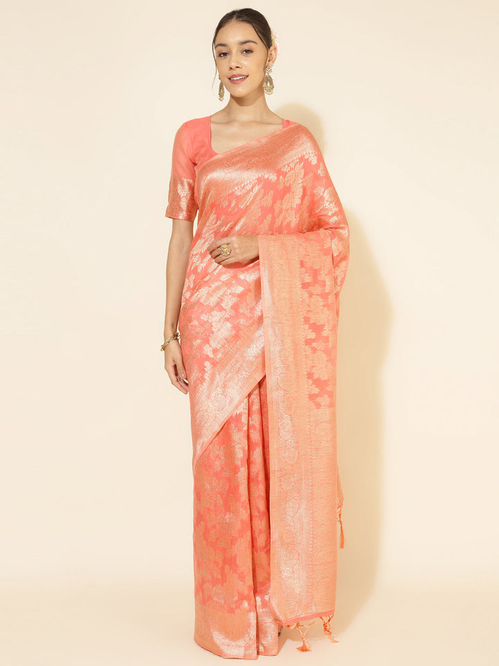 Peach Floral Woven Design Chanderi Silk Saree