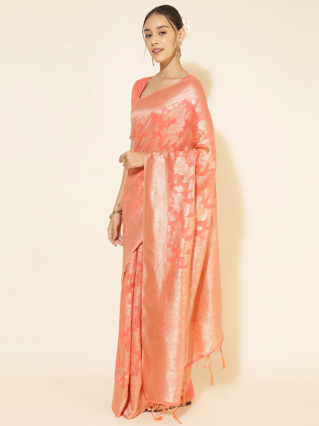 Peach Floral Woven Design Chanderi Silk Saree