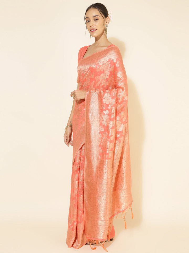 Peach Floral Woven Design Chanderi Silk Saree