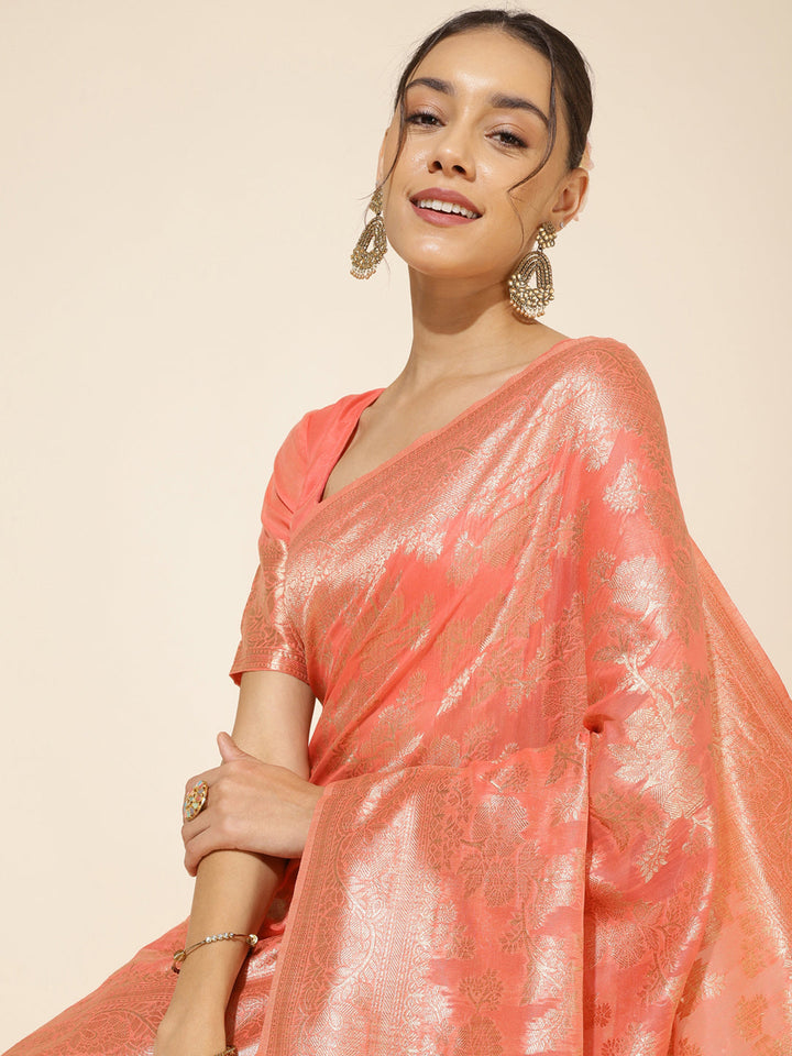 Peach Floral Woven Design Chanderi Silk Saree