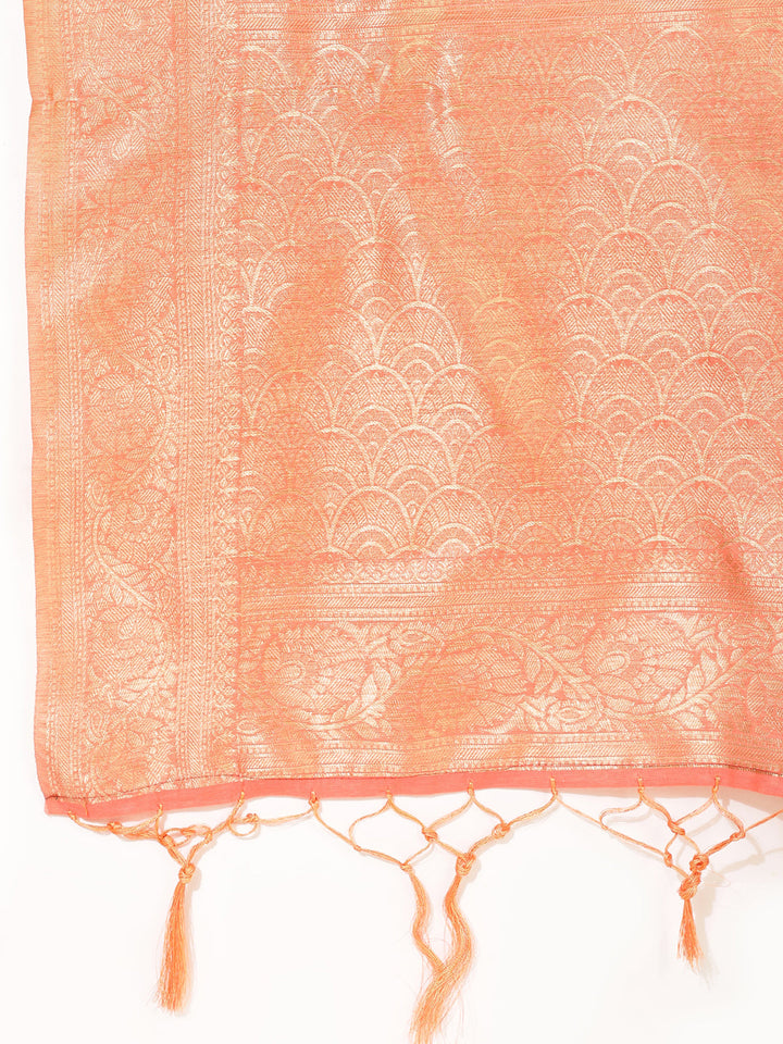 Peach Floral Woven Design Chanderi Silk Saree