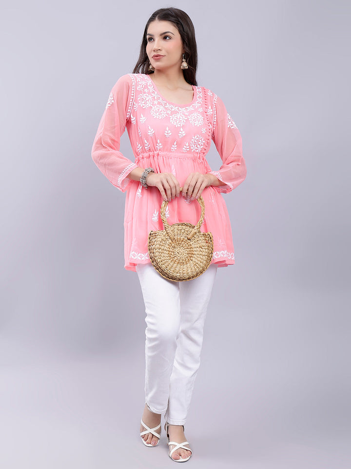 Peach Georgette Angarkha Chikankari Tunic Top With Slip