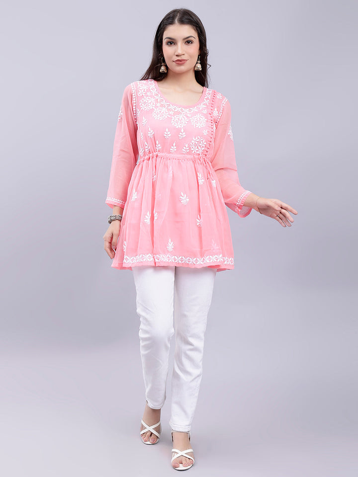 Peach Georgette Angarkha Chikankari Tunic Top With Slip