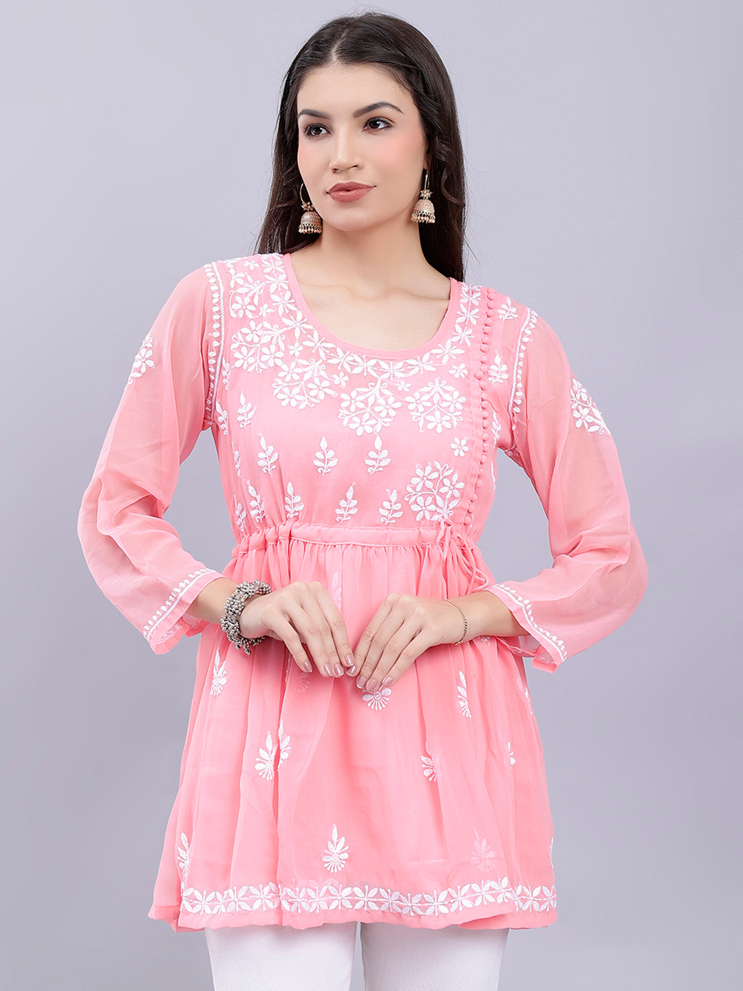 Peach Georgette Angarkha Chikankari Tunic Top With Slip