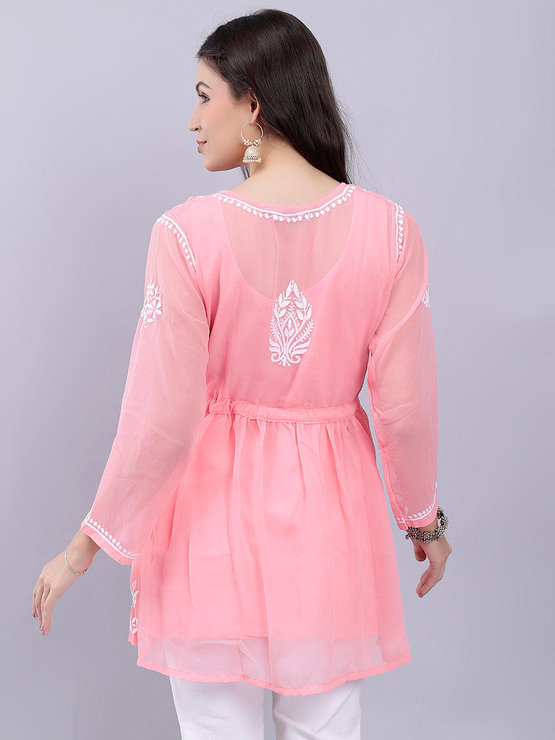 Peach Georgette Angarkha Chikankari Tunic Top With Slip