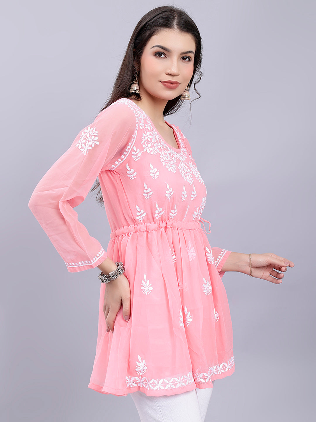 Peach Georgette Angarkha Chikankari Tunic Top With Slip