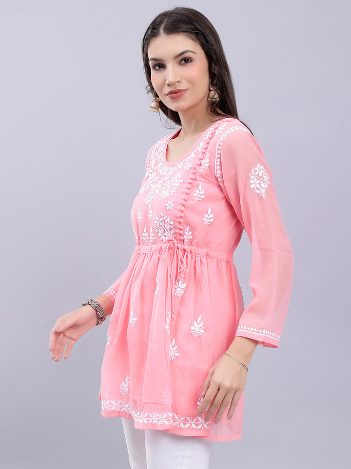 Peach Georgette Angarkha Chikankari Tunic Top With Slip