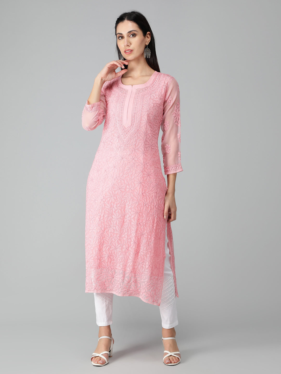 Peach-Georgette-Chikankari-Kurta-with-Slip