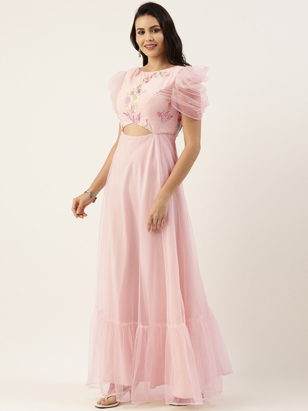 Peach Georgette Embroidered Boat Neck Gown