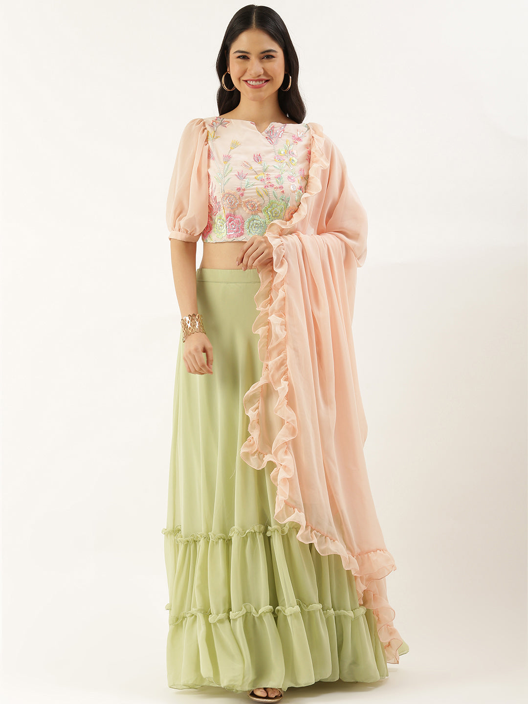 Peach-Georgette-Embroidered-Green-Lehenga-Set
