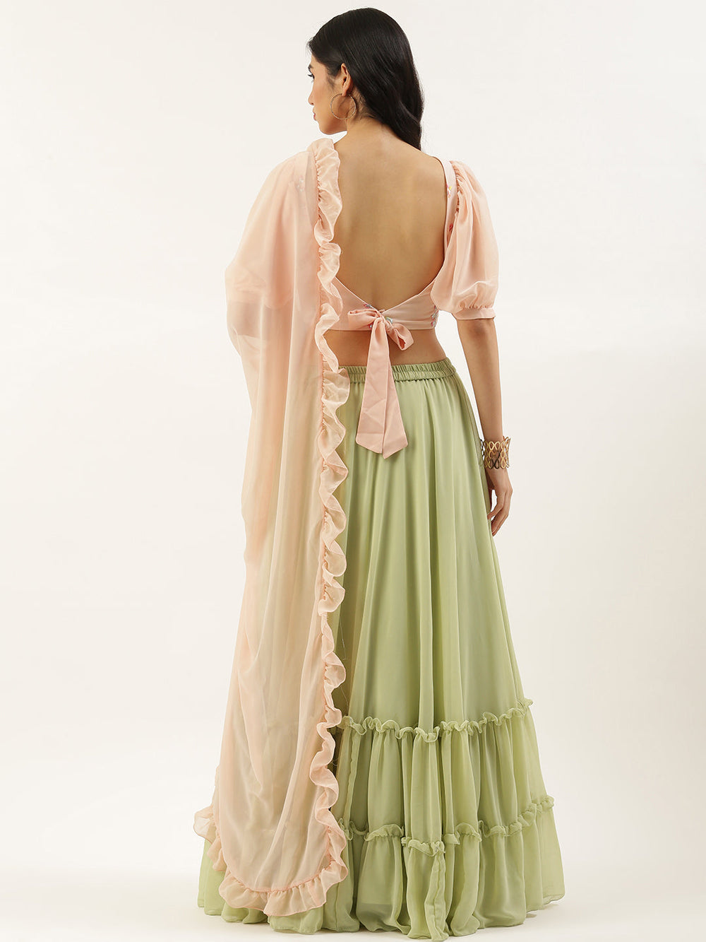 Peach-Georgette-Embroidered-Green-Lehenga-Set