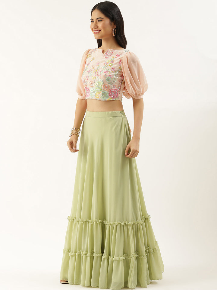 Peach-Georgette-Embroidered-Green-Lehenga-Set